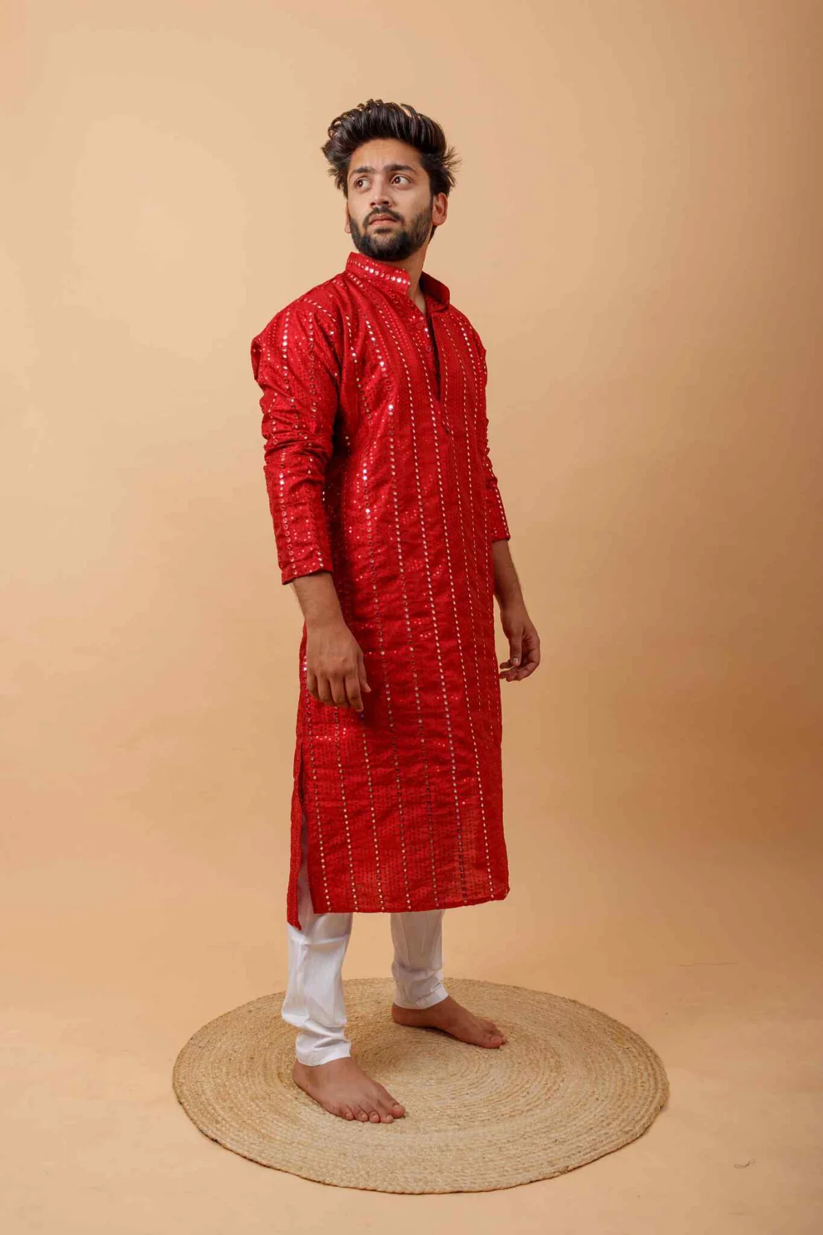 Arsh Maroon Red All Over Embroidered With Mirror Work Men's Kurta - Image 6