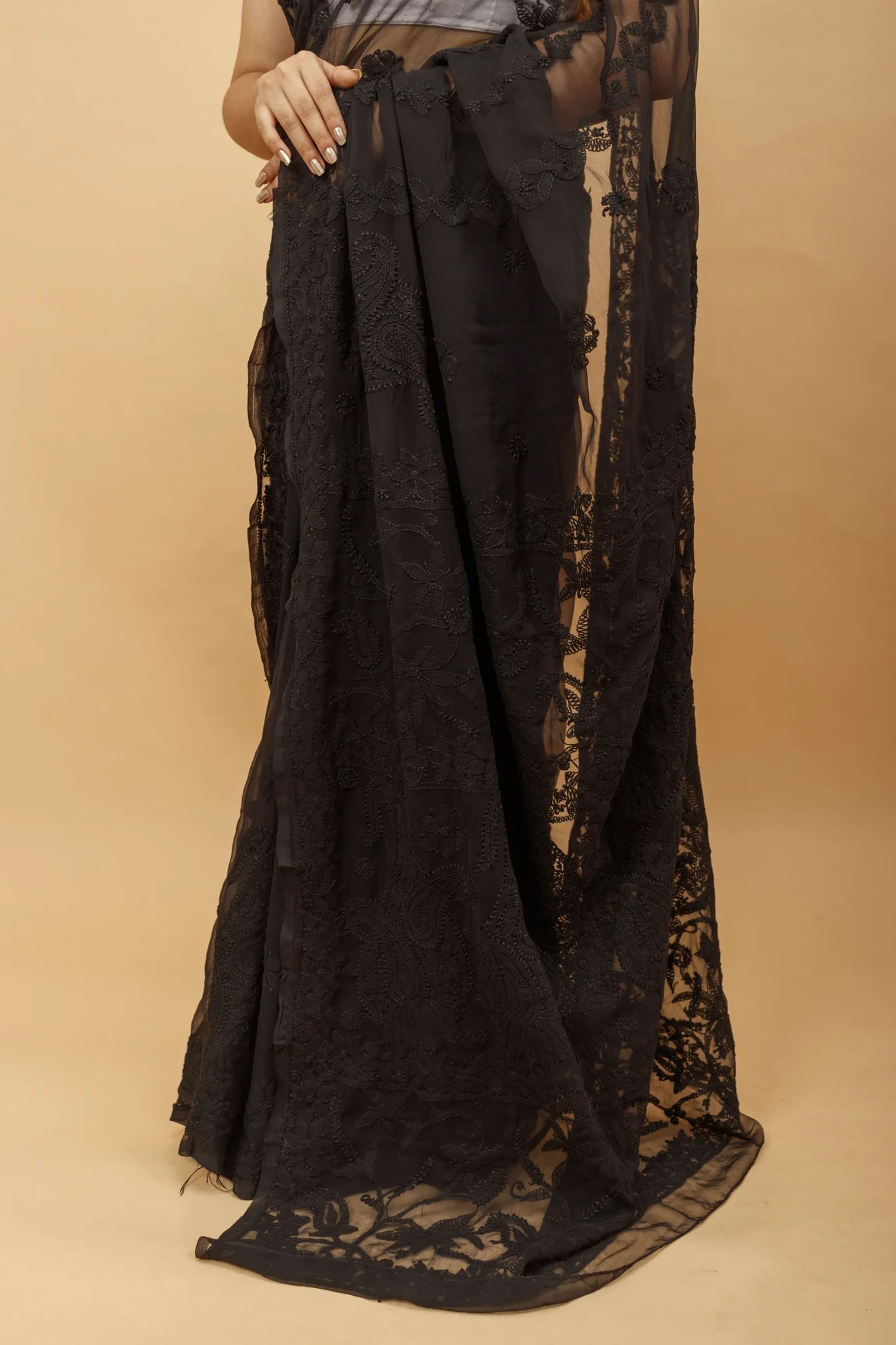 Arsh Handcrafted Semi Georgette Heavy Chikan Emrboidered Saree - Image 2