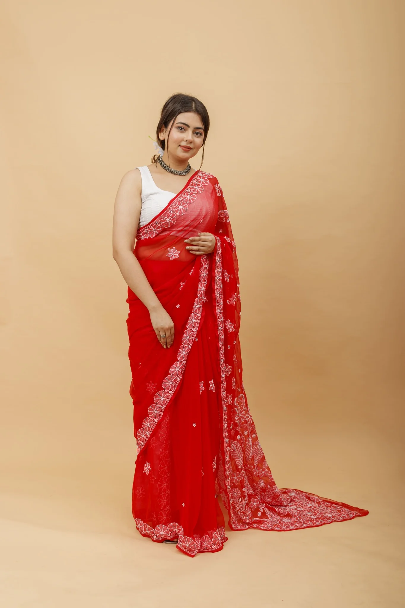Arsh Handcrafted Semi Georgette Heavy Palla Chikan Embroidered Saree - Image 5