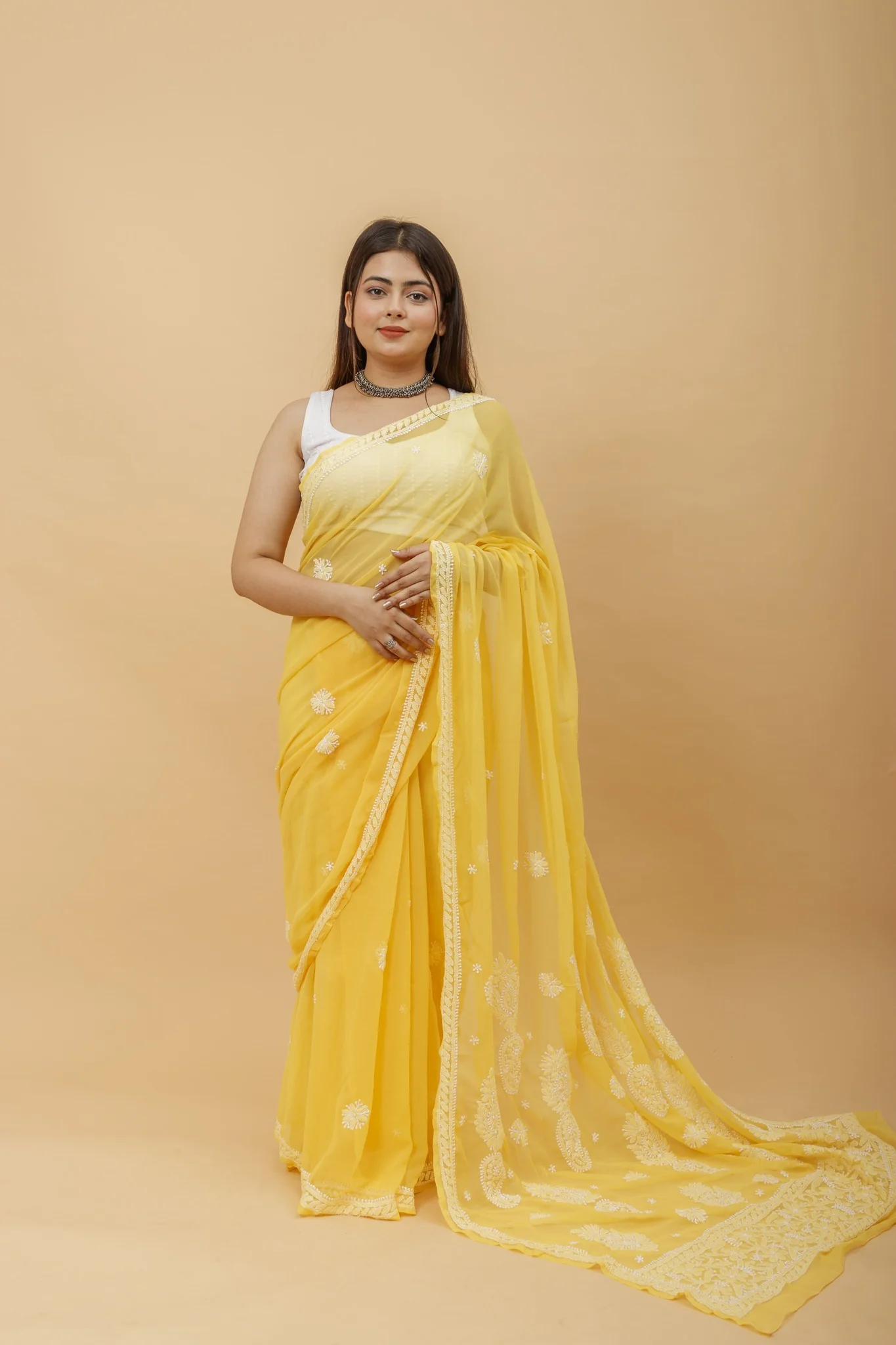 Arsh Handcrafted Semi Georgette Palla Boota Chikan Embroidered Saree - Image 2