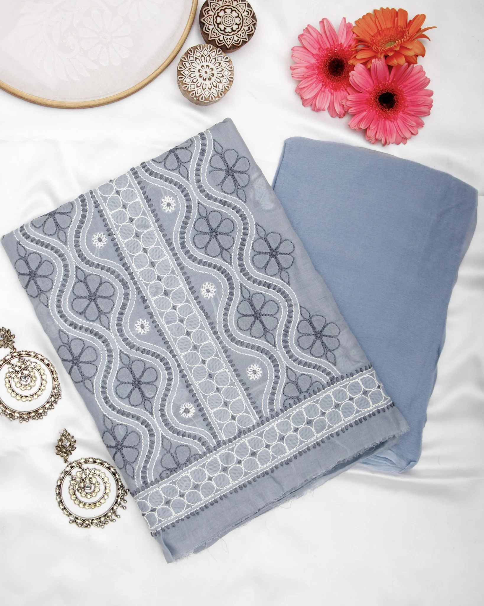 Arsh Handcrafted Steel Grey Cotton Unstitched 3pc Suit - Image 2