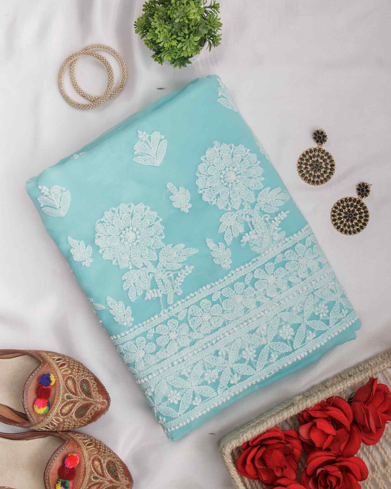 Arsh Handcrafted Sea Green Georgette Unstitched Chikankari 3pc Suit - Image 3