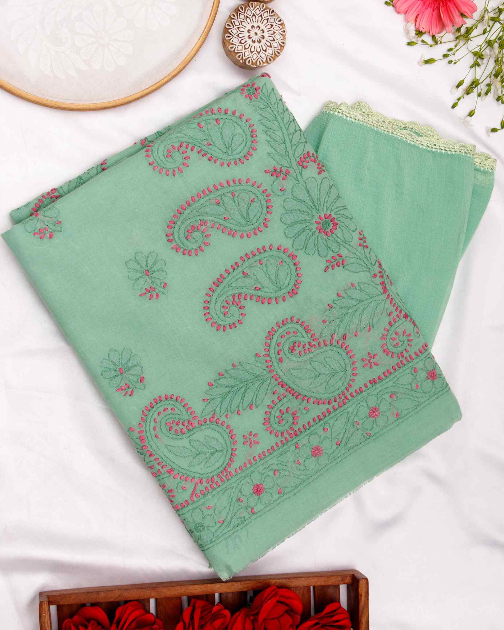 Arsh Handcrafted Dark Green Cotton Unstitched Chikankari 3pc Suit - Image 3