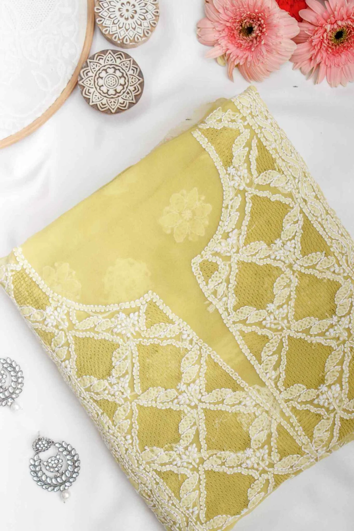 Arsh Handcrafted Yellow Georgette Unstitched Chikankari 3pc Suit - Image 3