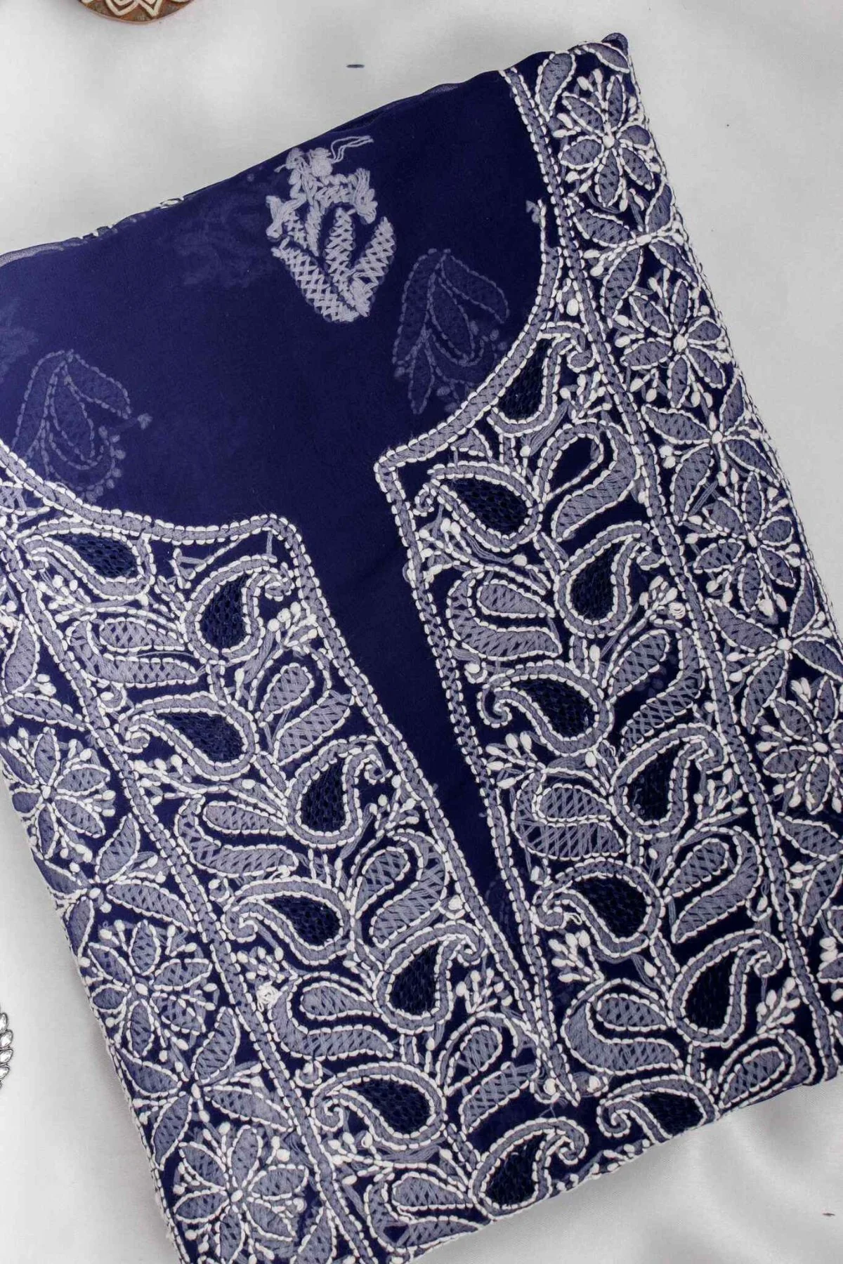 Arsh Handcrafted Navy Blue Georgette Unstitched Chikankari 3pc Suit - Image 3