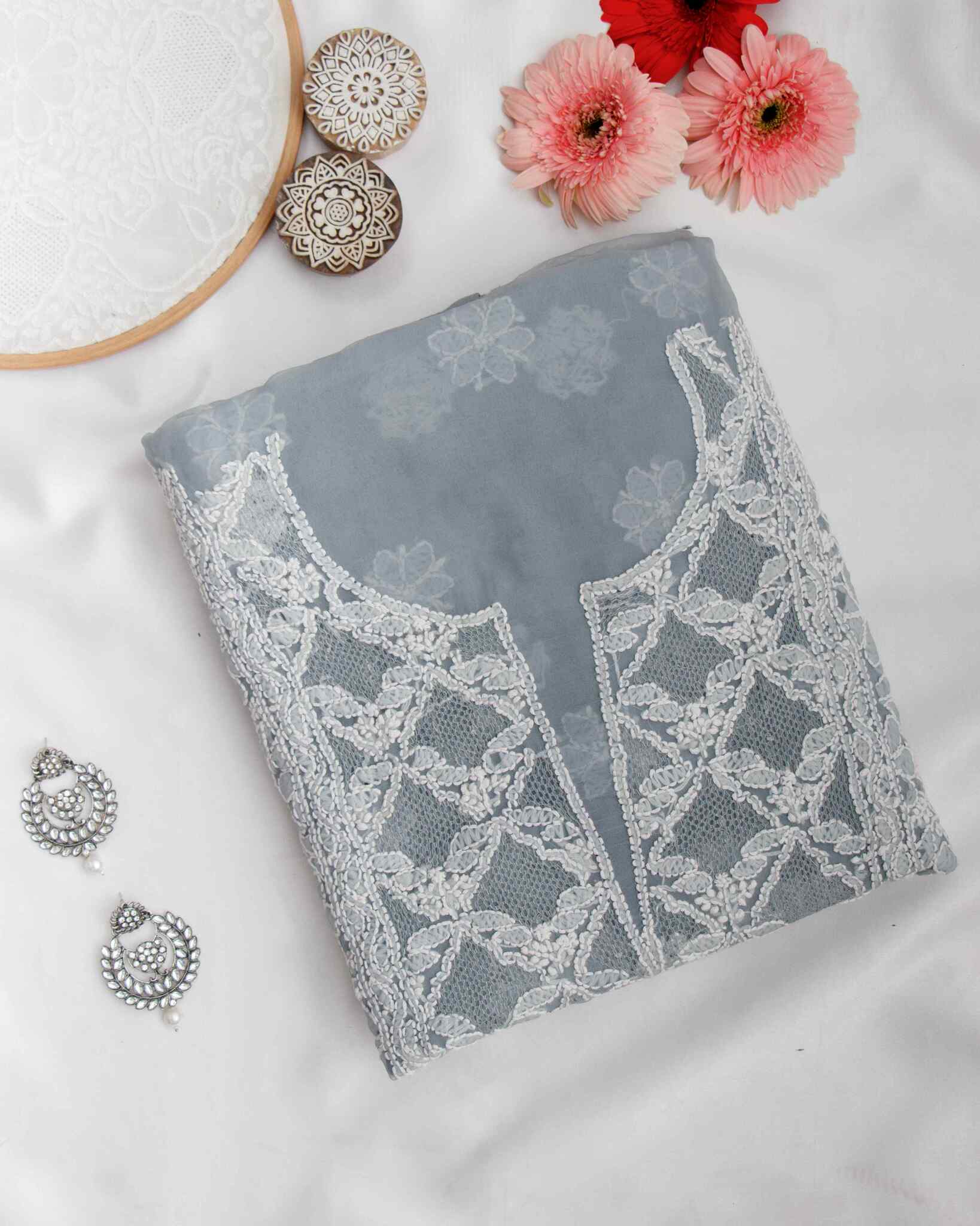 Arsh Handcrafted Grey Georgette Unstitched Chikankari 3pc Suit - Image 3