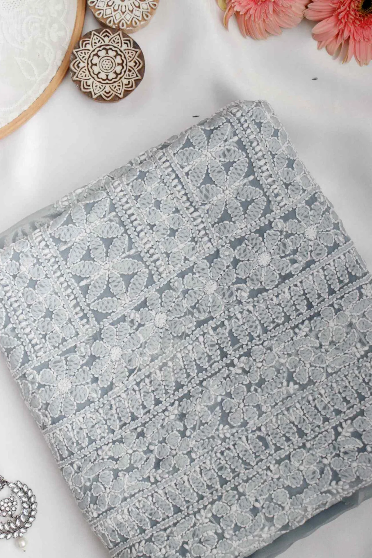 Arsh Handcrafted Steel Grey Georgette Unstitched Chikankari 3pc Suit - Image 2