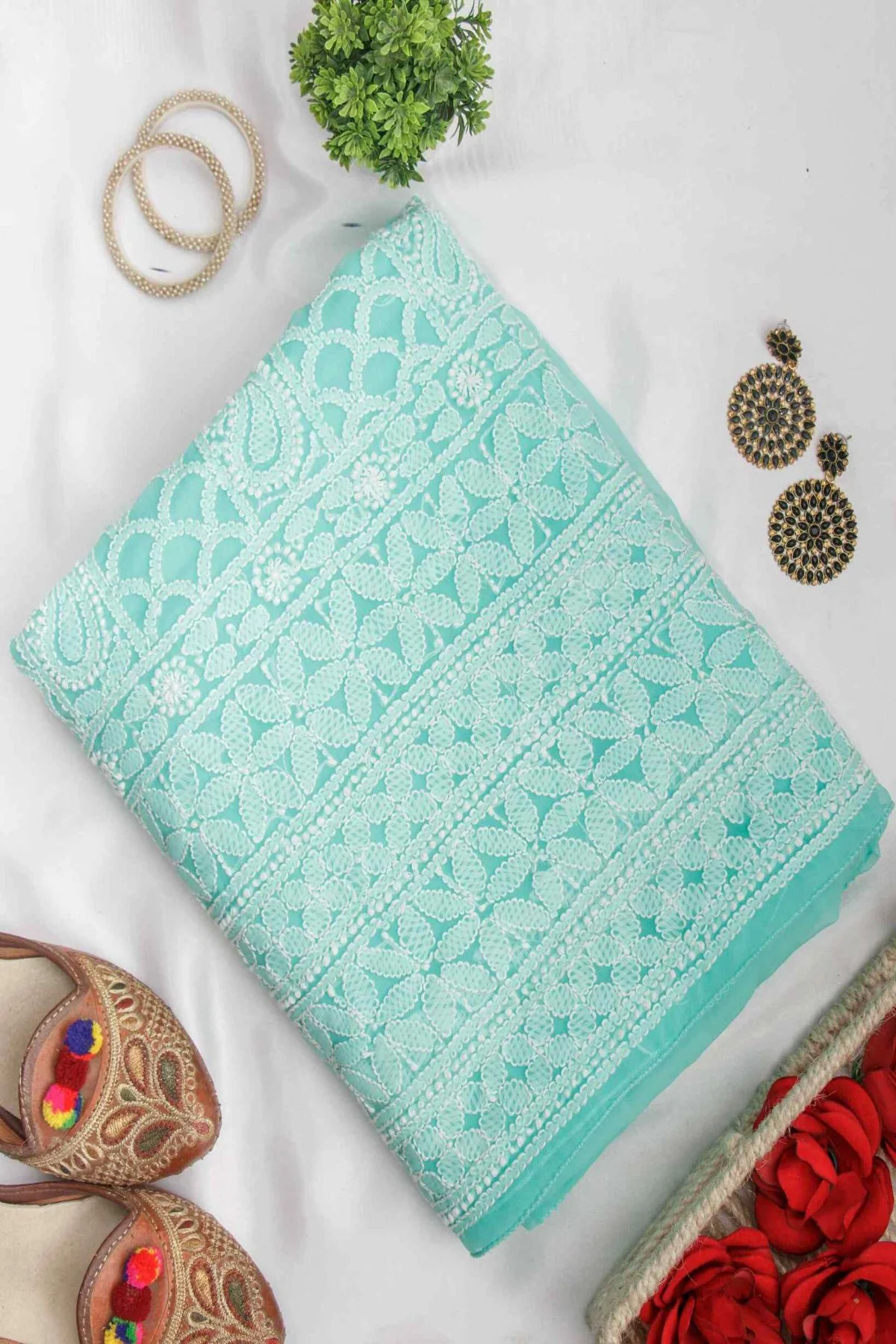 Arsh Handcrafted Sea Green Georgette Unstitched Chikankari 3pc Suit - Image 3
