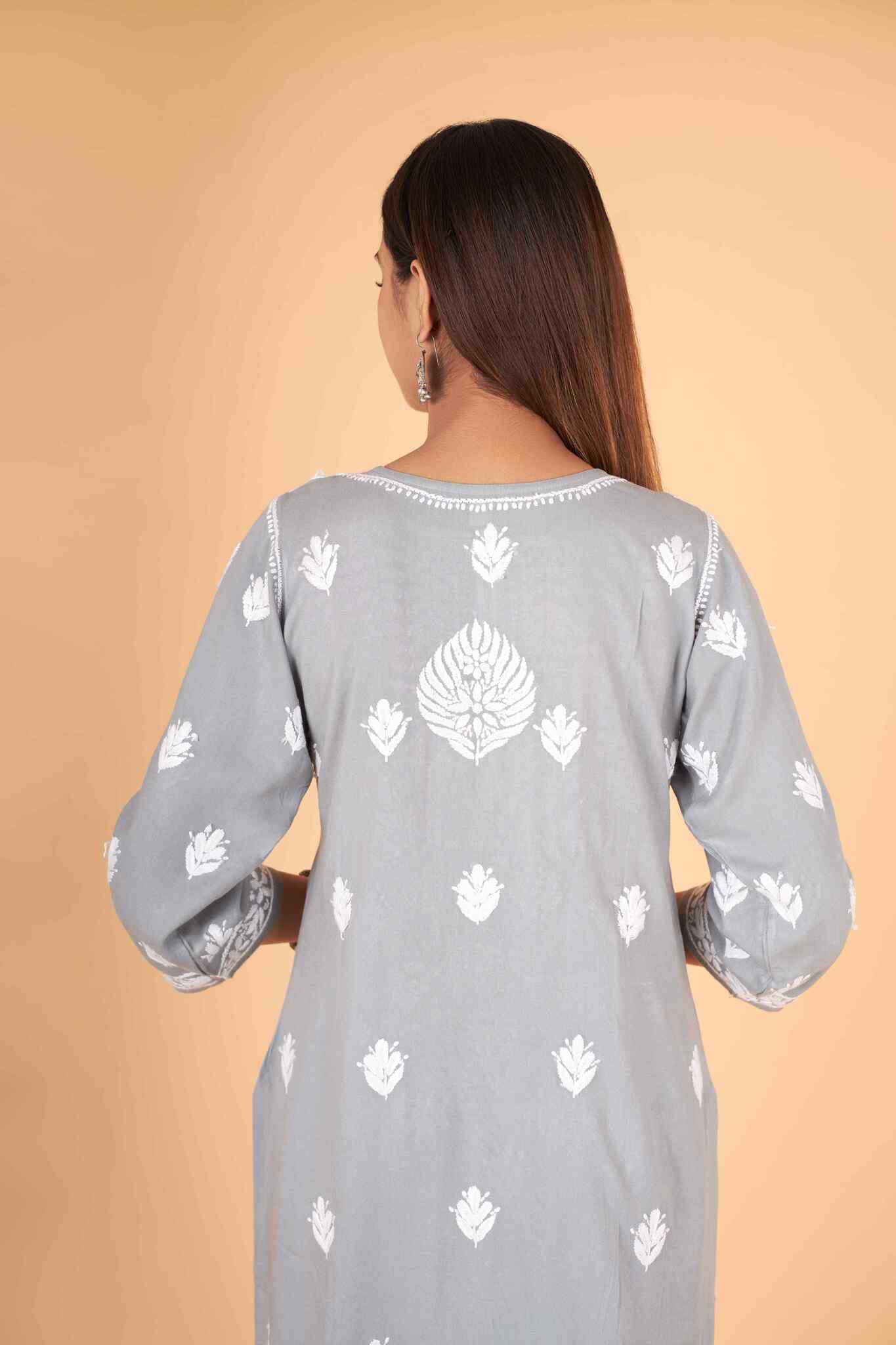 Arsh Handcrafted Kurti And Plazzo 2 pc Chikankari Set in Steel Grey Colour - Image 4