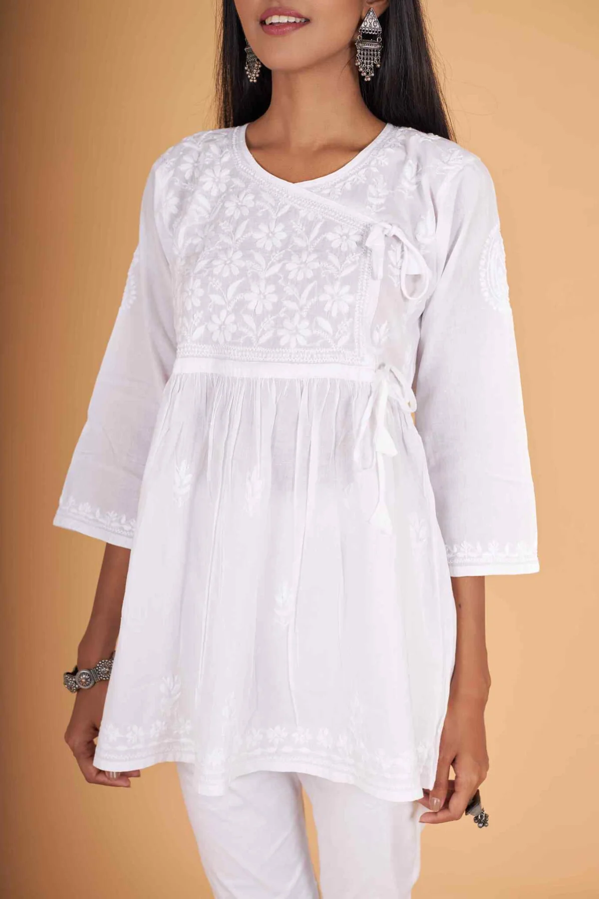Arsh Handcrafted Pure Cotton Short Angarkha Chikan Top - Image 3