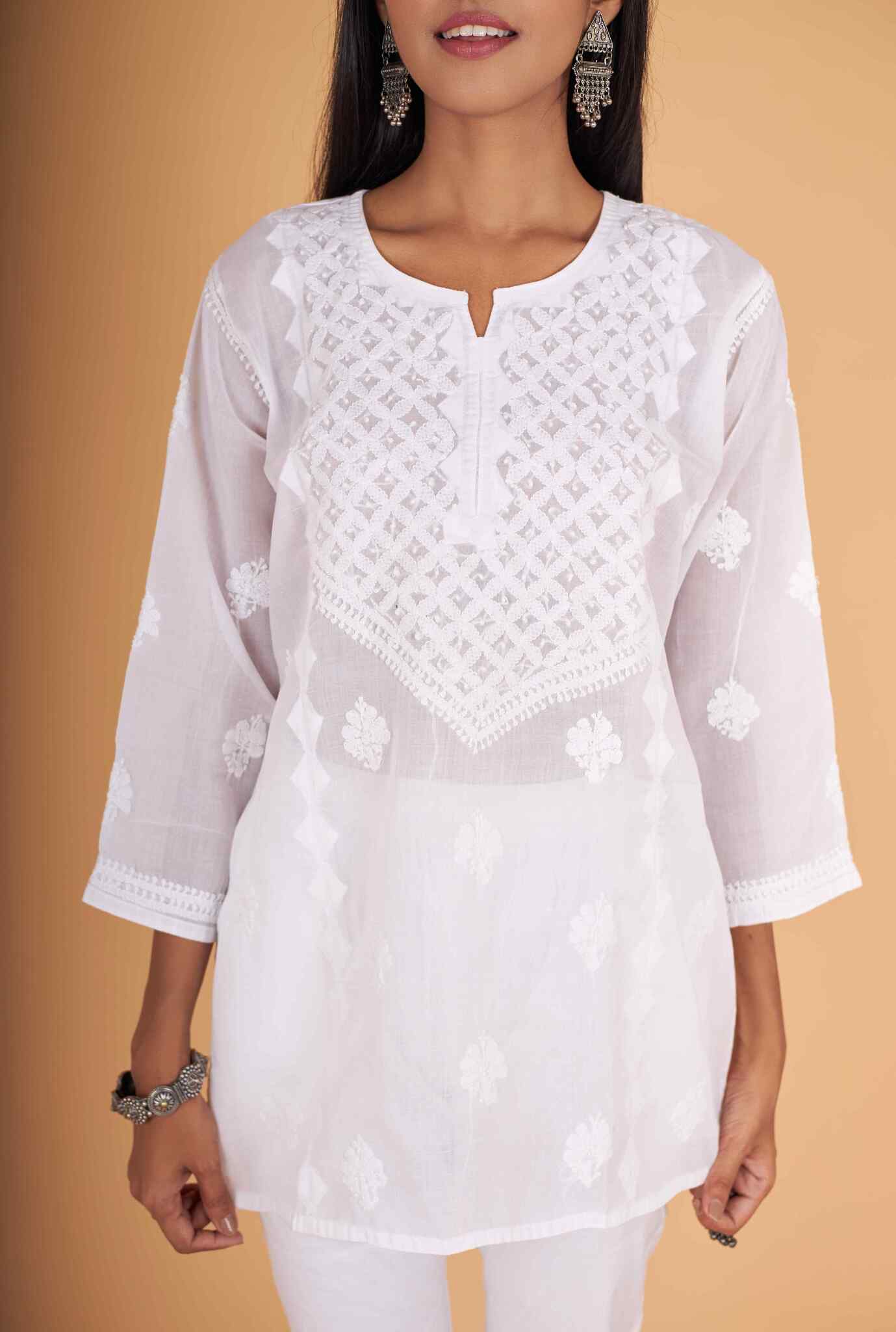 Arsh Handcrafted White Pure Cotton Chikan Short Top - Image 2