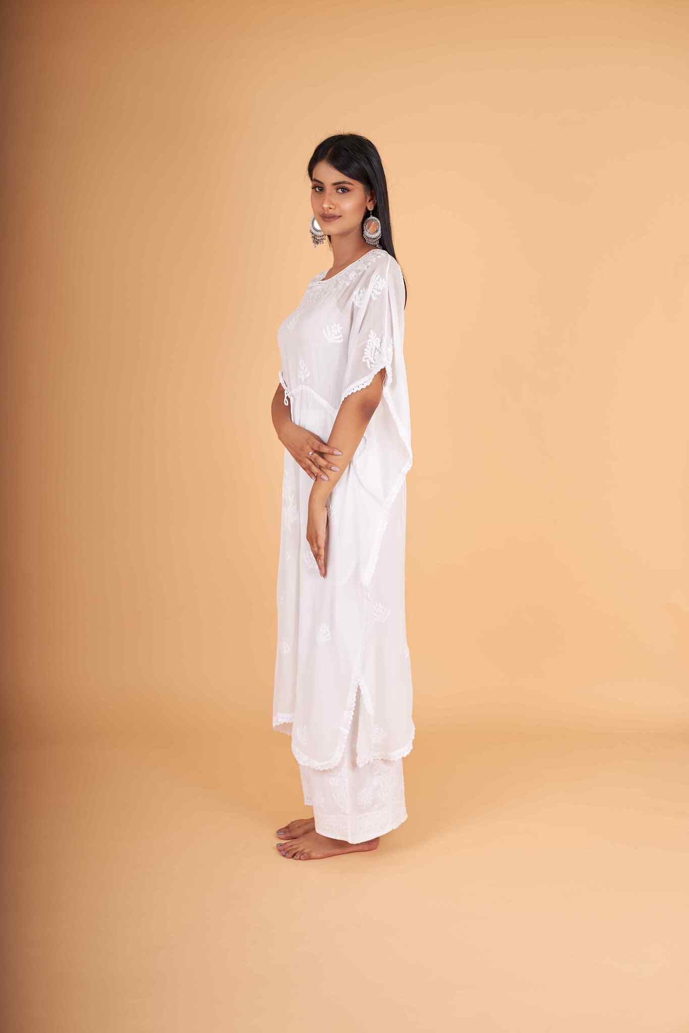 Arsh Handcrafted White Pure Viscose Georgette Kaftaan Dress - Image 2