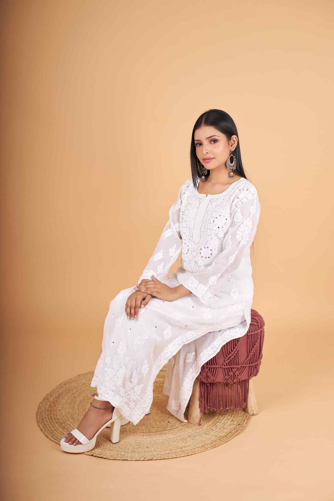 Arsh Handcrafted White Viscose Georgette Dyeable Muqaish Embellished Chikan Kurti - Image 6