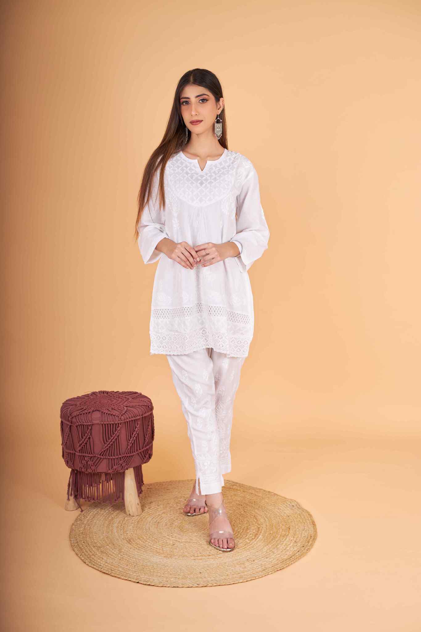 Arsh Handcrafted Pure Cotton Yog Neck with Daaman Lace Chikan Top - Image 5
