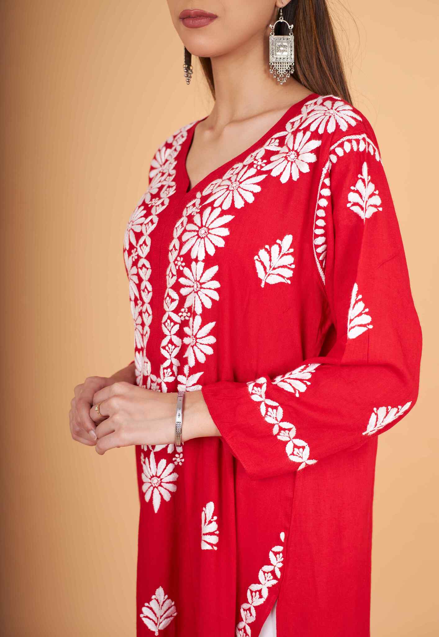 Arsh Handcrafted Red Salab Cotton Chikankari Kurti - Image 3