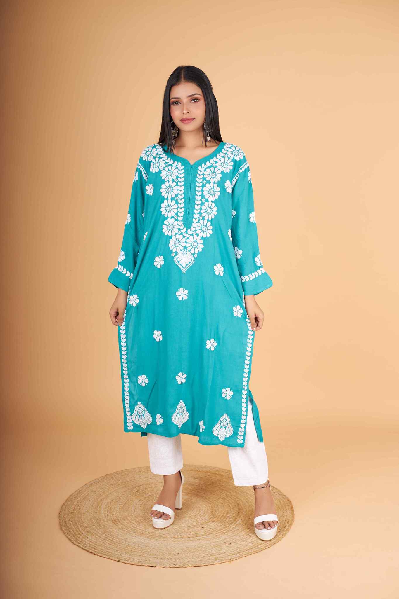 Arsh Handcrafted Peacock Blue Salab Cotton Chikankari Kurti - Image 5