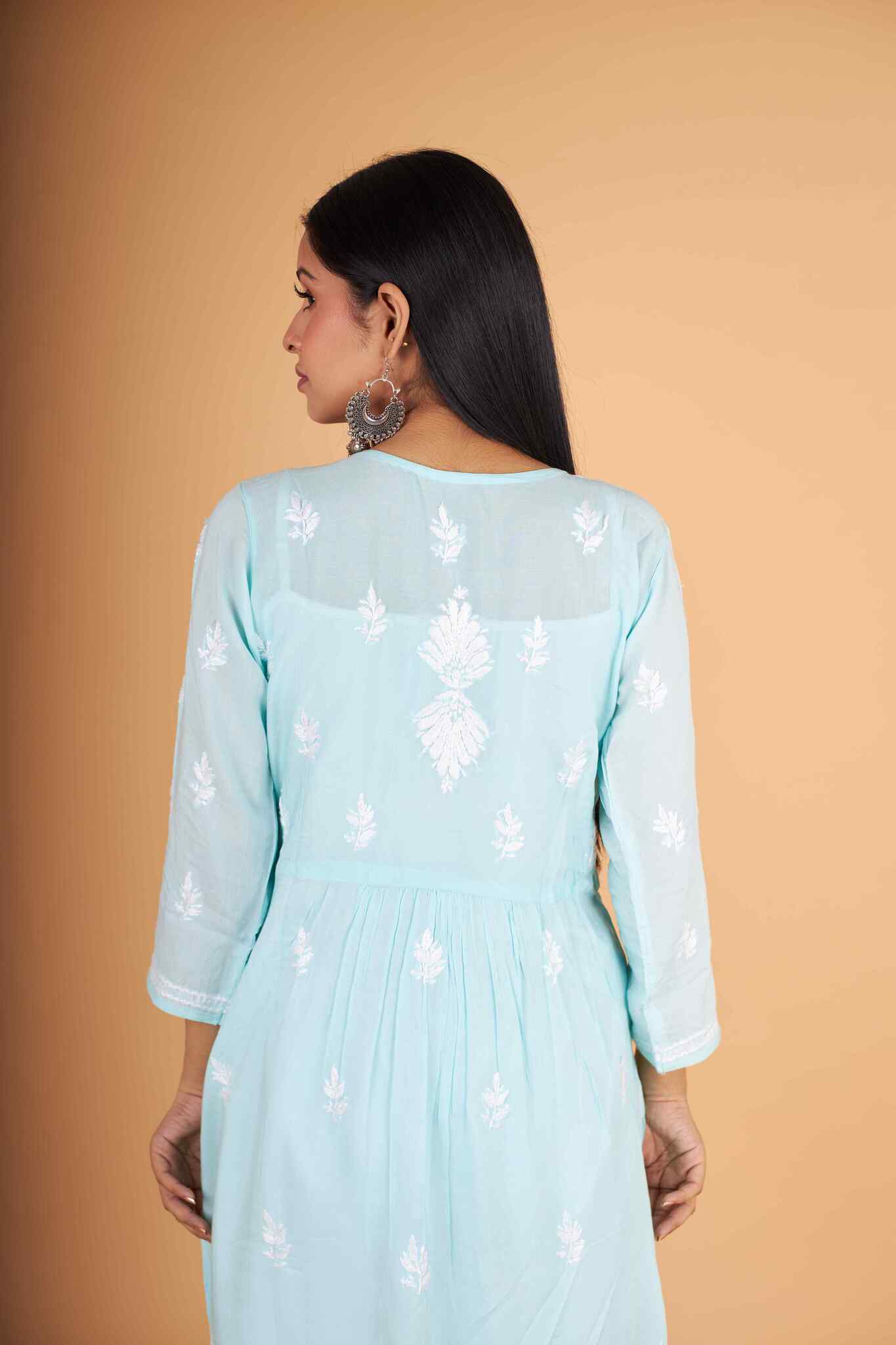 Arsh Handcrafted Sea Green Modal Chikankari Front Pocket Gown Dress - Image 2
