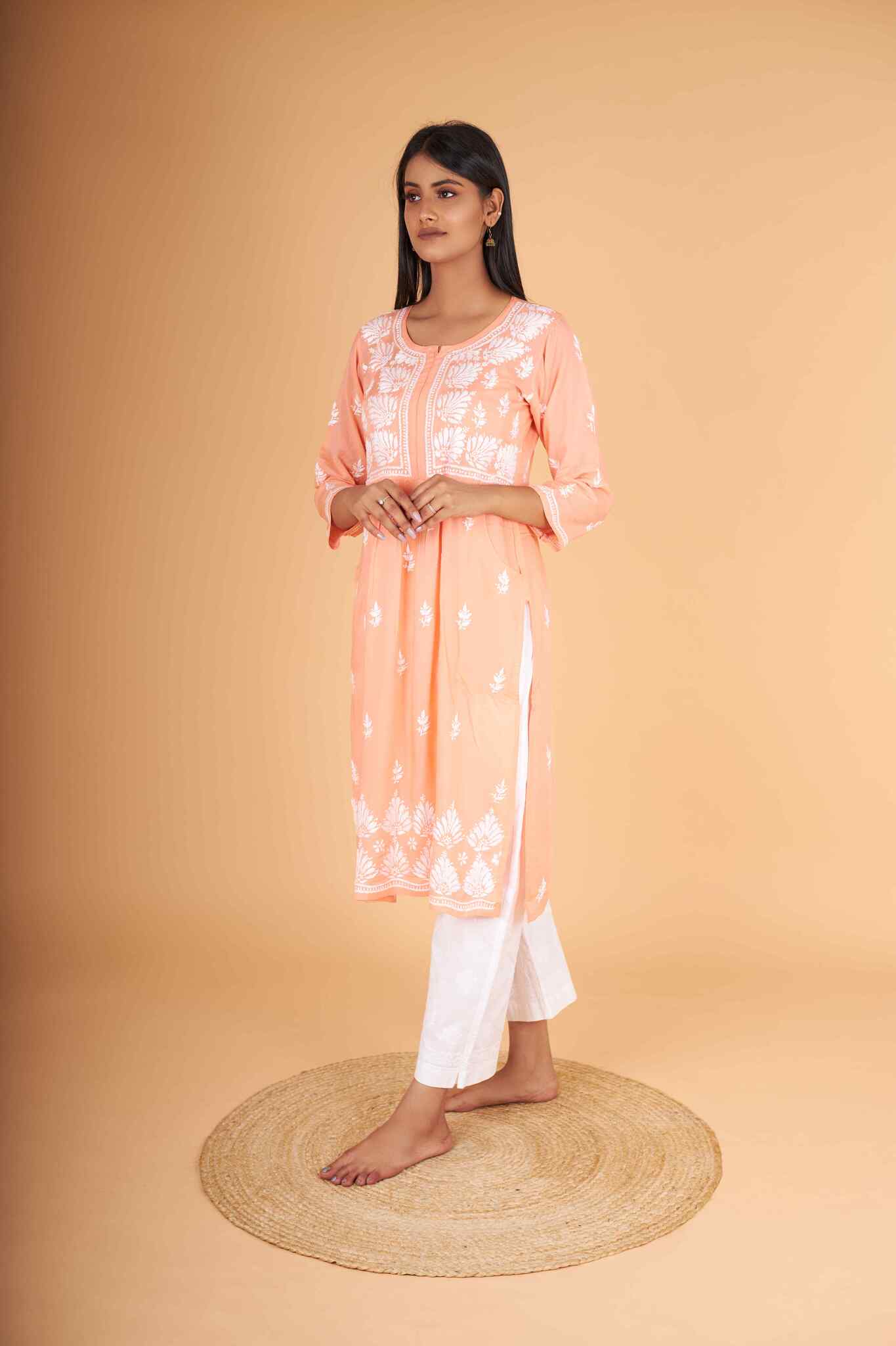 Arsh Handcrafted Salmon Orange Modal Chikankari Front Pocket Gown Dress - Image 5