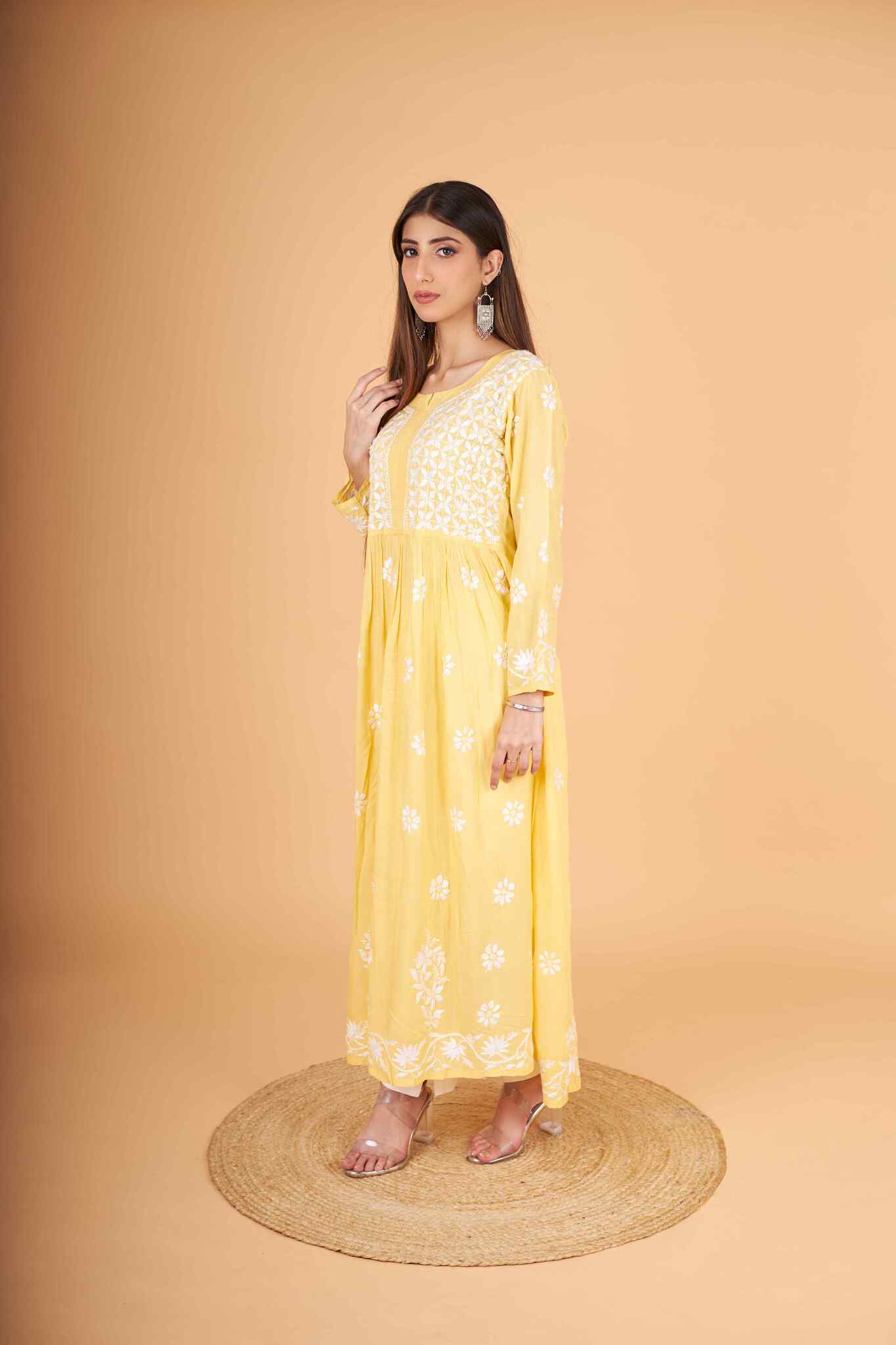 Arsh Handcrafted Yellow Modal Chikankari Gown Dress - Image 5